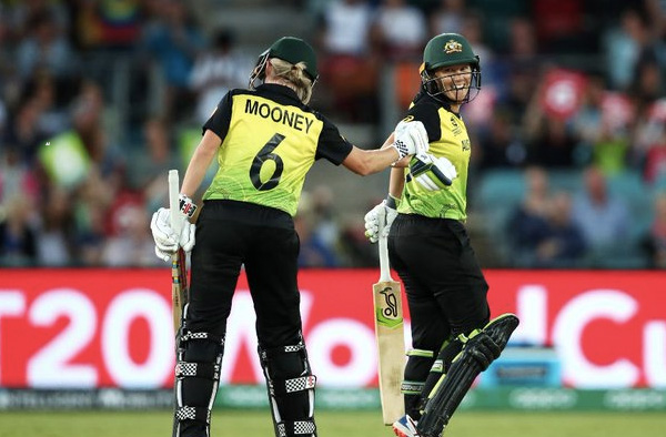Alyssa Healy and Beth Mooney celebrate their record partnership