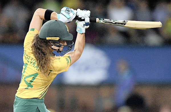 Laura Wolvaardt on her way to a superb unbeaten 41 off 27 balls in the Women’s T20 World Cup semi-final against Australia at the SCG. Picture: EPA-EFE
