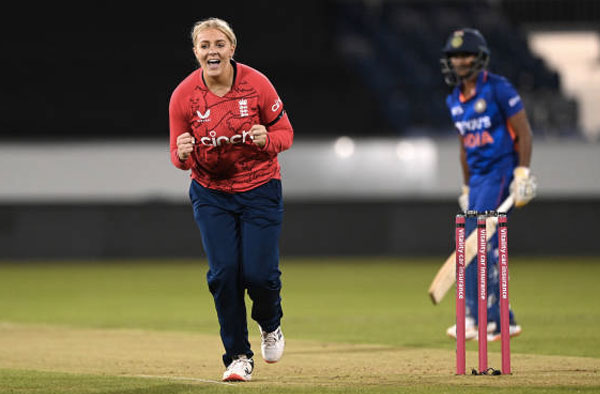 Sarah Glenn takes career best 4/23 against India in 1st T20I. PC: Getty Images